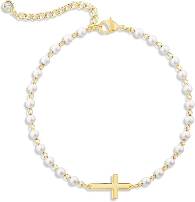 Moodear Valentines Day Gifts for Her, Dainty 925 Sterling Silver/14k Gold Plated CZ Cross Bracelet Layered Snake Pearl Chain Knot Bracelets for Women Trendy Religious Christian Jewelry - Image 1